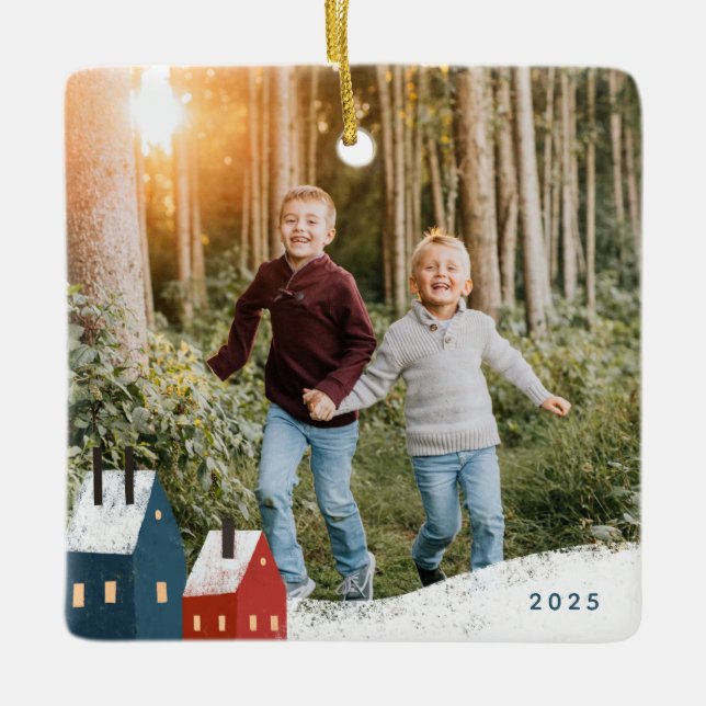 Rustic Snowy Village Scene Photo Ceramic Ornament (Front)