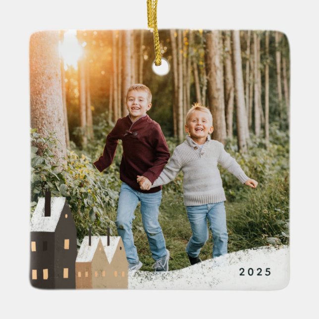 Rustic Snowy Village Scene Photo Ceramic Ornament (Front)