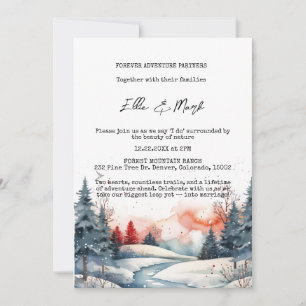 Rustic Snowy Winter Forest Sunset Wedding Invitation