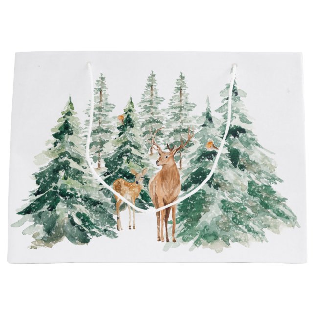 Rustic Snowy Winter Woodland Deer Large Gift Bag (Front)