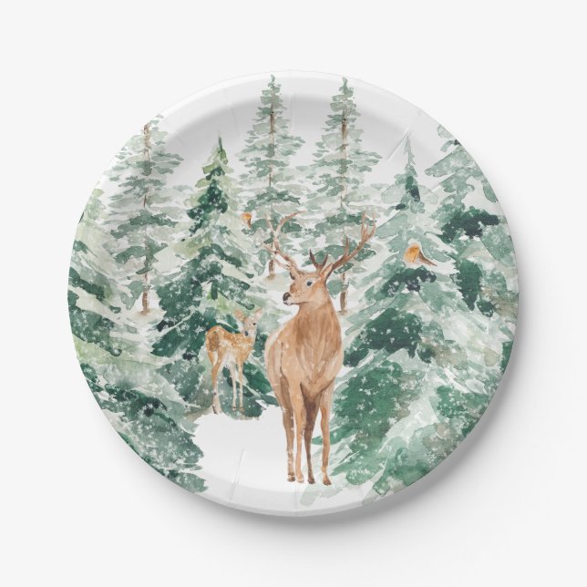 Rustic Snowy Winter Woodland Deer Paper Plate (Front)