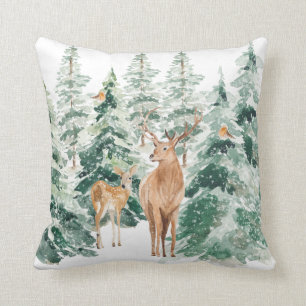 Rustic Snowy Winter Woodland Deer Throw Pillow
