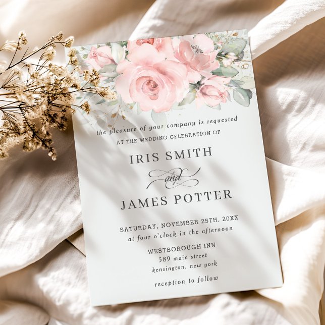 Rustic Soft Blush Pink Floral Greenery Wedding Invitation (Creator Uploaded)