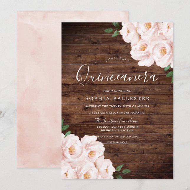 Rustic Soft Blush Pink Flowers Quinceanera Invitation (Front/Back)
