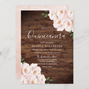 Rustic Soft Blush Pink Flowers Quinceanera Invitation