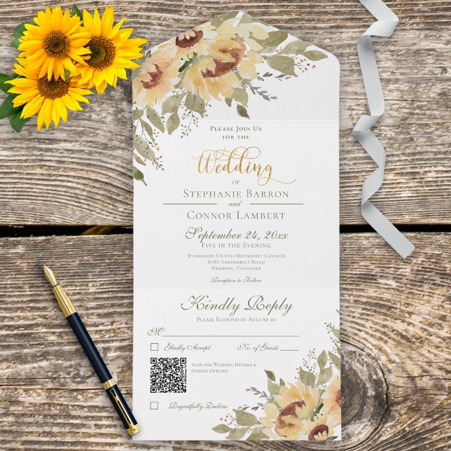 Rustic Soft Yellow Sunflowers QR Code All In One Invitation (Creator Uploaded)