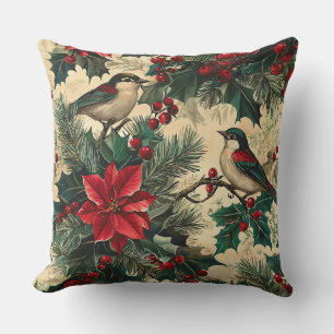Rustic Songbird Poinsettia Winter Cream Botanical Cushion