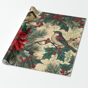 Rustic Songbird Poinsettia Winter Cream Botanical Wrapping Paper