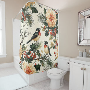 Rustic Songbird Winter Cream Red Botanical Shower Curtain