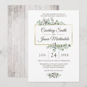 Rustic Southern Cotton Boll Botanical Wedding Invitation