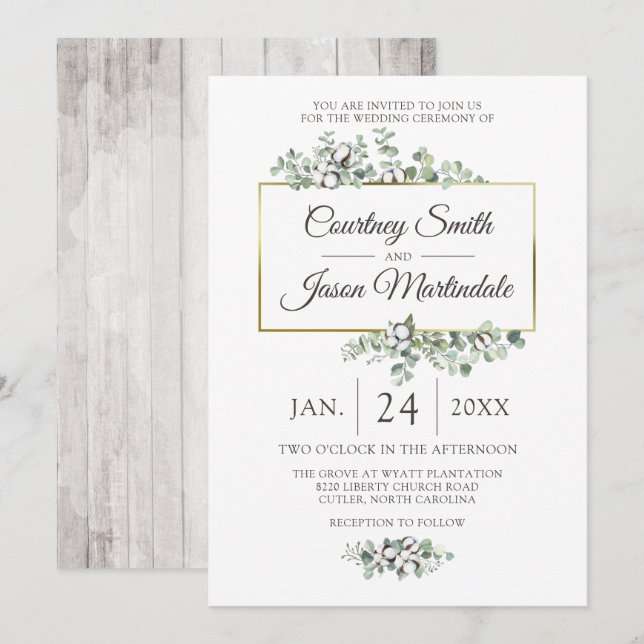 Rustic Southern Cotton Boll Botanical Wedding Invitation (Front/Back)