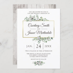 Rustic Southern Cotton Boll Botanical Wedding Invitation