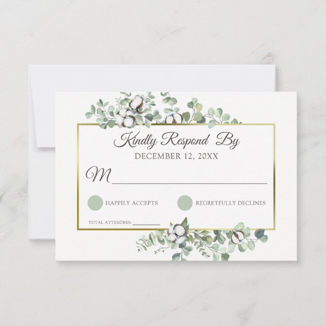 Rustic Southern Cotton Boll Botanical Wedding RSVP Card (Front)