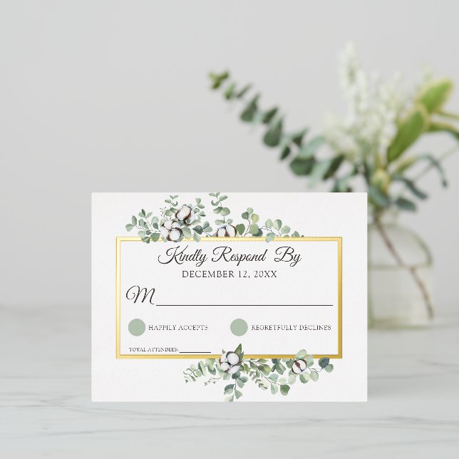 Rustic Southern Cotton Boll Botanical Wedding RSVP Foil Invitation Postcard (Standing Front)