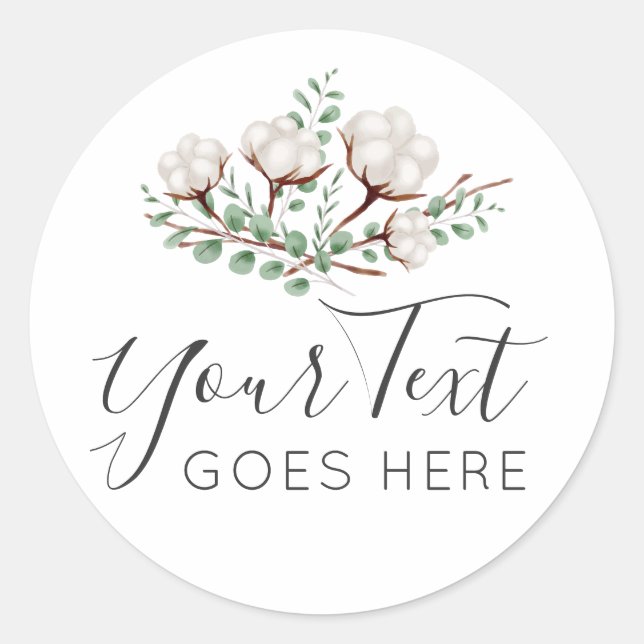 Rustic Southern Cotton Flowers Green Foliage Logo Classic Round Sticker (Front)