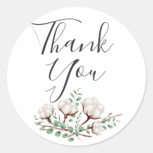 Rustic Southern Cotton Flowers Green Thank You Classic Round Sticker