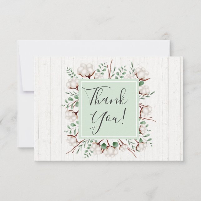 Rustic Southern Cotton Flowers on Wood Thank You Card (Front)