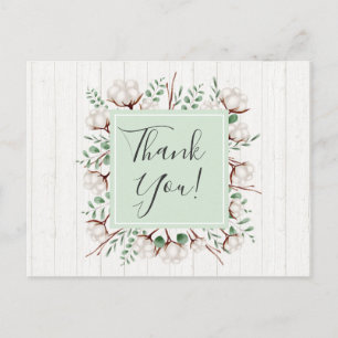 Rustic Southern Cotton Flowers on Wood Thank You Postcard
