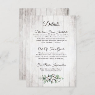 Rustic Southern Cotton Wedding Detail / Directions Enclosure Card