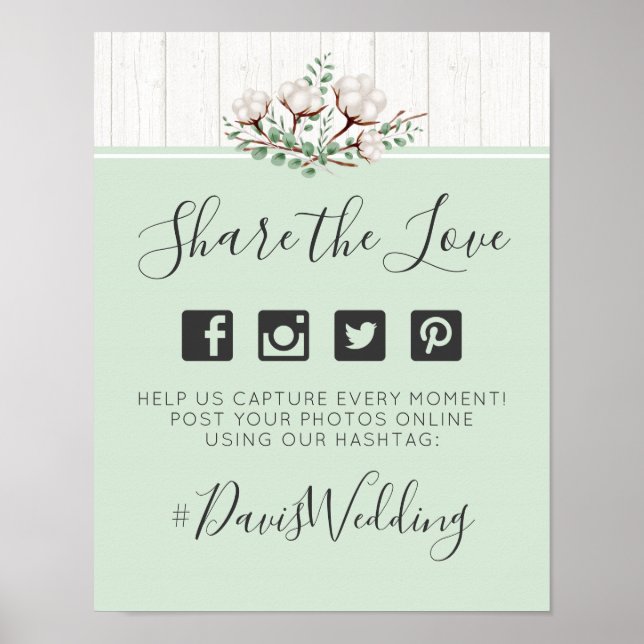 Rustic Southern Cotton Wedding Hashtag Photo Sign (Front)