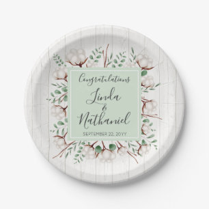 Rustic Southern Cotton & Wood Country Farm Wedding Paper Plate