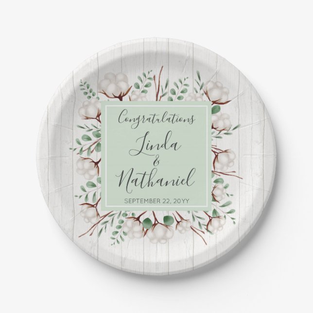Rustic Southern Cotton & Wood Country Farm Wedding Paper Plate (Front)