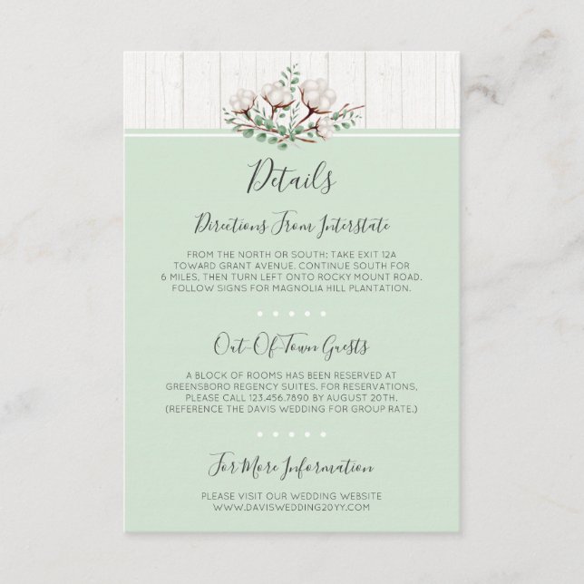 Rustic Southern Cotton & Wood Details / Directions Enclosure Card (Front)