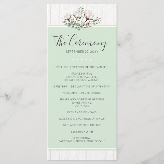 Rustic Southern Cotton & Wood Farm Wedding Program Programme (Front)