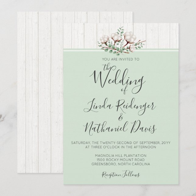 Rustic Southern Cotton & Wood Wedding Invitation (Front/Back)