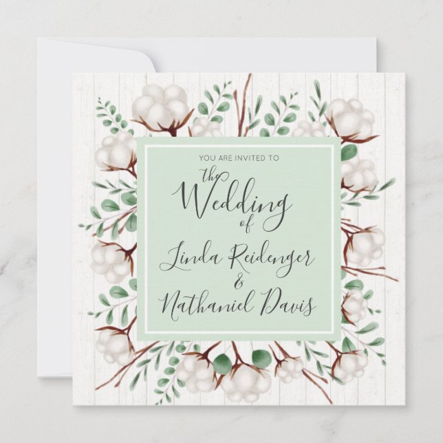 Rustic Southern Cotton & Wood Wedding Invitation (Front)