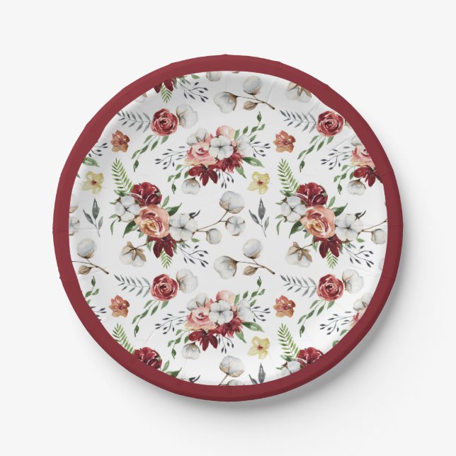 Rustic Southern Floral & Cotton Christmas Dinner Paper Plate (Front)