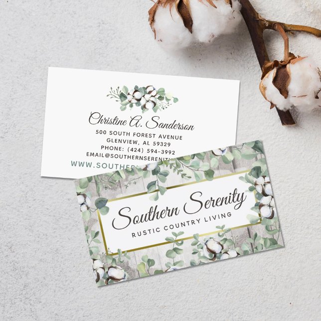 Rustic Southern Watercolor Cotton & Botanical Business Card (Creator Uploaded)