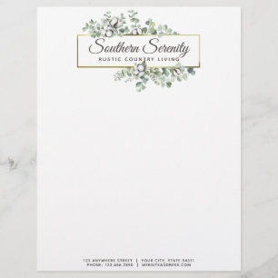 Rustic Southern Watercolor Cotton & Botanical Custom Letterhead