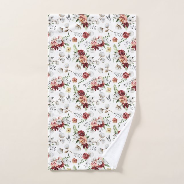 Rustic Southern Watercolor Floral & Cotton Pattern Hand Towel (Hand Towel)