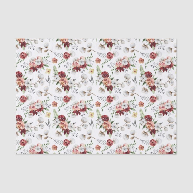 Rustic Southern Watercolor Floral & Cotton Pattern Tissue Paper (Front)