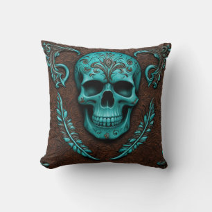 Rustic Southwestern Brown Teal Sugar Skull Cushion