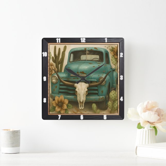 Rustic Southwestern Truck Skull Square Wall Clock (Home)