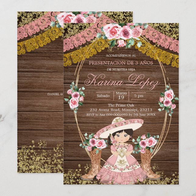 Rustic Spanish Pink Boot Charra Tres Anos Invitation (Front/Back)