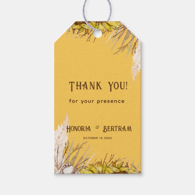 Rustic Spice Mustard Sunflower Bridal Gift Tags (Front)