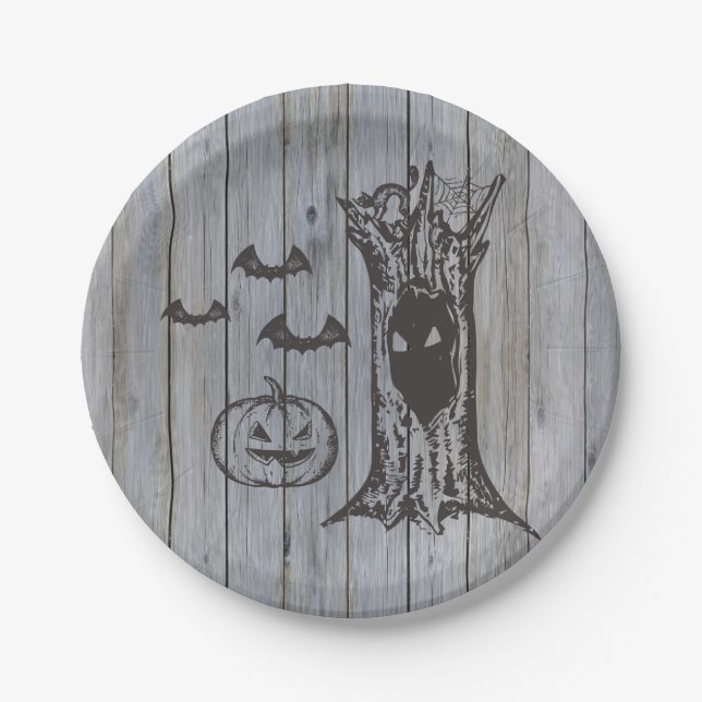 Rustic Spooky Happy Halloween Costume Party  Cat Paper Plate (Front)