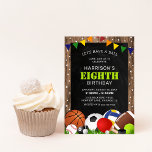 Rustic Sports Themed Kids Birthday Party Invitation<br><div class="desc">These birthday invites are a game changer! Fun colourful sports themed birthday party invitations, featuring a rustic wooden and black chalkboard background, decorated with tiny white stars, a rainbow banner, green grass and array of sports equiptment (football, volleyball, basketball, hockey puck, rugby ball, tennis ball, snooker ball, golf ball, and...</div>