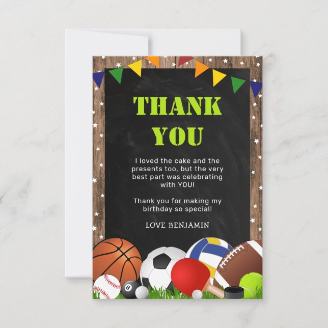 Rustic Sports Themed Kids Birthday Thank You Card (Front)