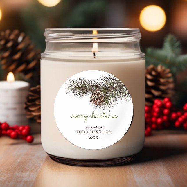 Rustic Sprig Pine Merry Christmas Classic Round Sticker (Rustic Sprig Pine Merry Christmas Classic Round Sticker)