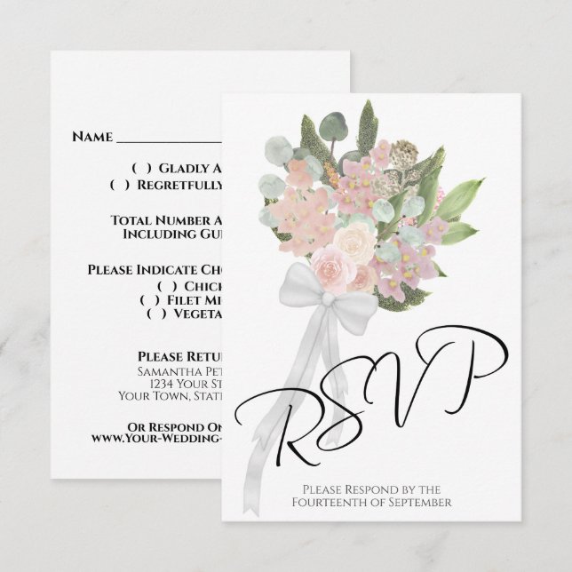 Rustic Spring Bouquet Coral Pink & Mauve Wedding RSVP Card (Front/Back)