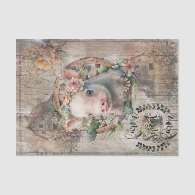 Rustic Spring Floral Crown Piglet Farmhouse Design Tissue Paper (Front)