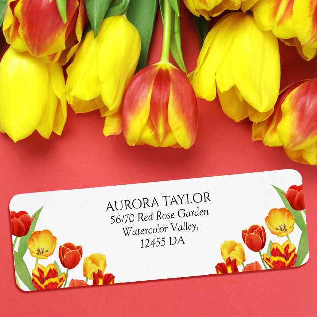 Rustic Spring Floral Red Tulip Wedding Address (Colorful Spring Floral Tulip White Wedding Addres Label)