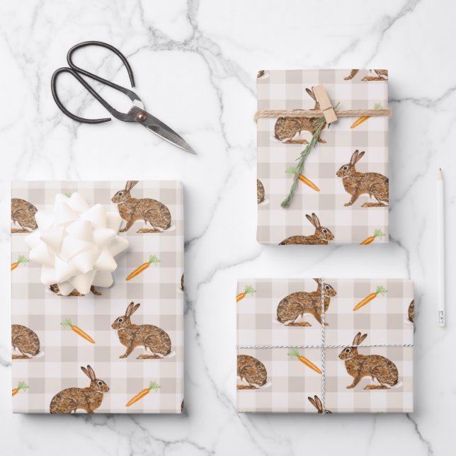 Rustic Spring Hares And Carrots Beige Pattern Wrapping Paper Sheet (Front)