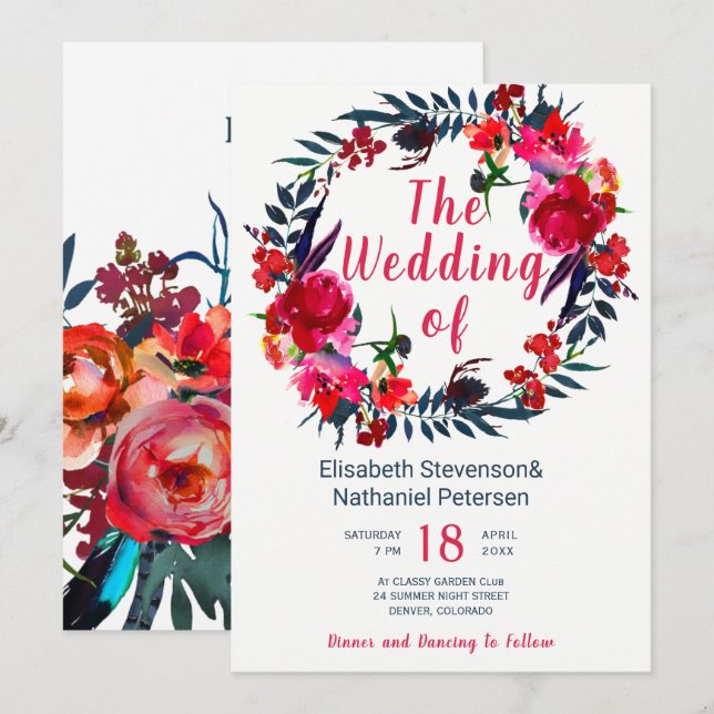 Rustic spring navy red boho floral wreath wedding invitation (Front/Back)
