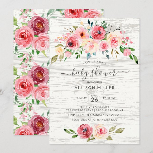 Rustic Spring Peonies Rose Floral Baby Shower Invitation (Front/Back)