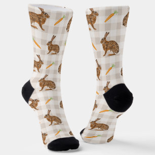 Rustic Spring Rabbits And Carrots Beige Gingham Socks